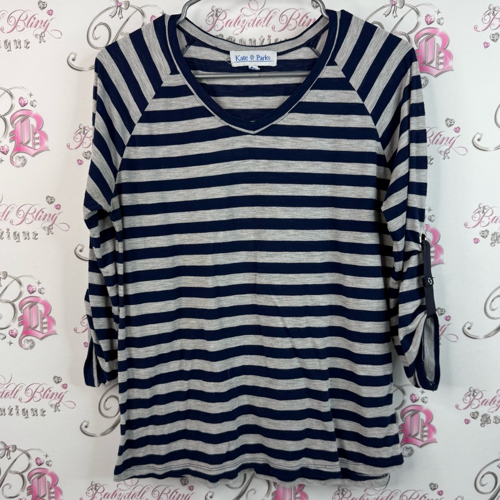 Kate & Parks top stripes blue Women's Navy and Gray Striped Long Sleeve Top